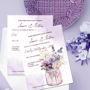 Peach Purple Flowers In Mason Jar Wedding Invite Postcard