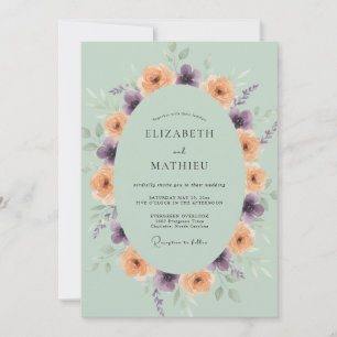 Peach Purple Ranunculus Eucalyptus Wedding Invitation