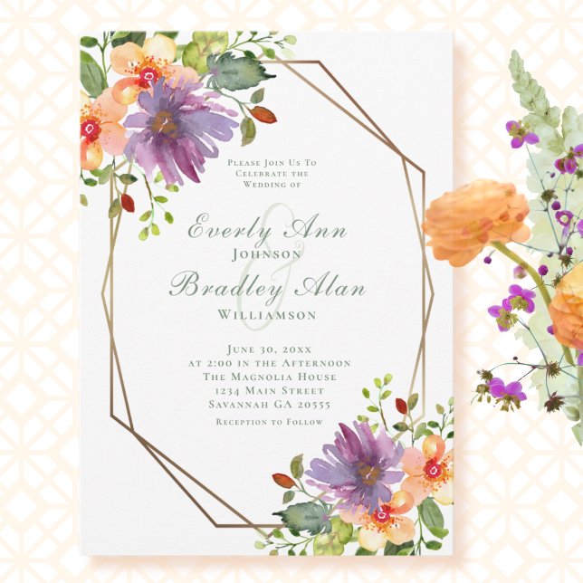 Peach Purple Watercolor Floral Modern Bold Wedding Invitation (Creator Uploaded)