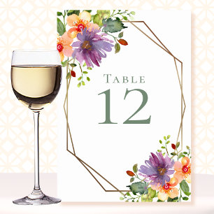 Peach Purple Watercolor Floral Octagon Wedding Table Number