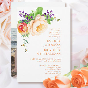 Peach Purple Watercolor Floral Romantic Wedding Invitation