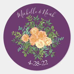 Peach Purple Wedding Floral Roses Classic Round Sticker