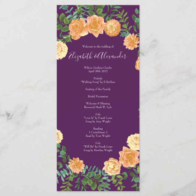 Peach Purple Wedding Floral Roses Menu (Front)