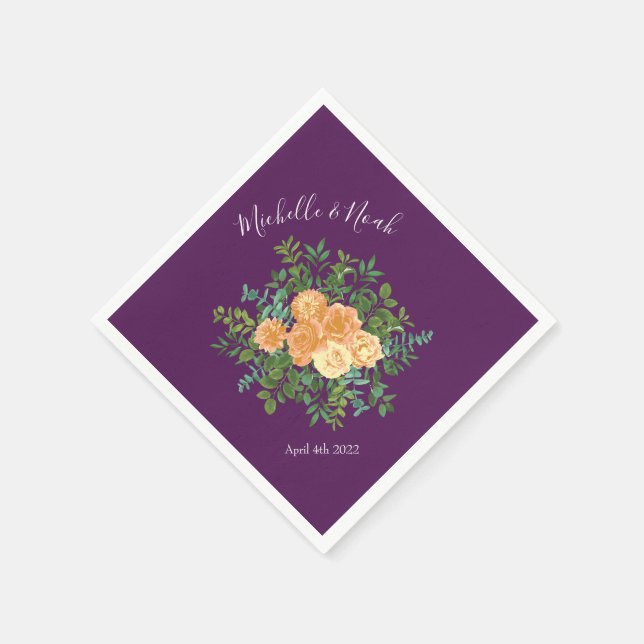Peach Purple Wedding Floral Roses Napkin (Corner)