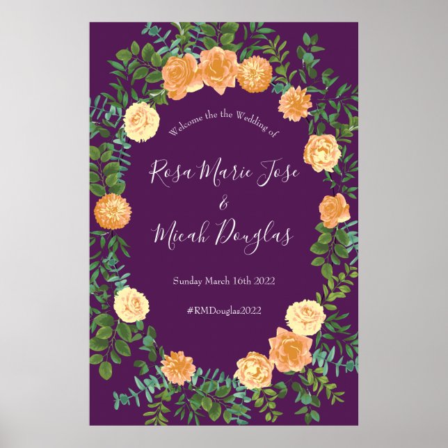 Peach Purple Wedding Floral Roses Poster (Front)