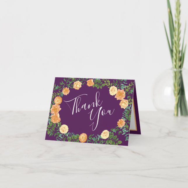 Peach Purple Wedding Floral Roses Thank You Card (Front)