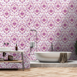 Peach Purple White Damask Floral peel and stick Wallpaper