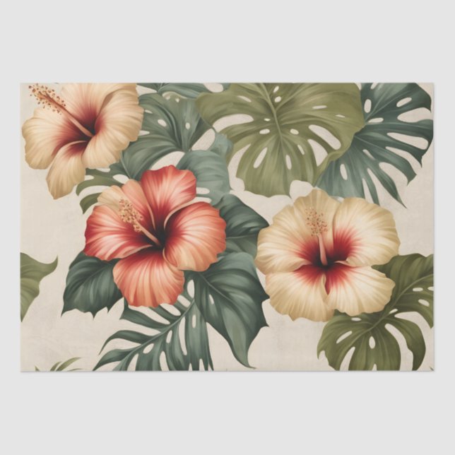 Peach, Red and White Tropical Hibiscus Tissue Paper (Front)