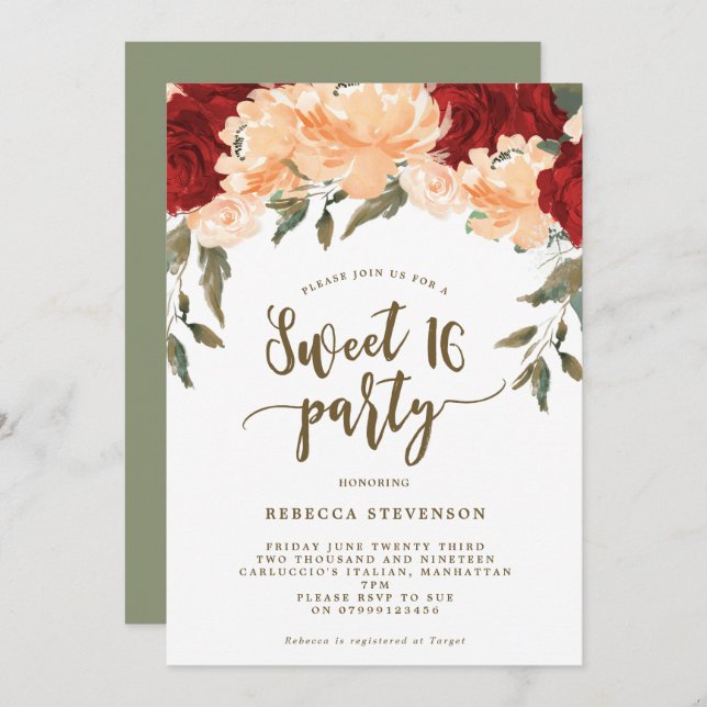 peach red floral sweet 16 party invitation (Front/Back)