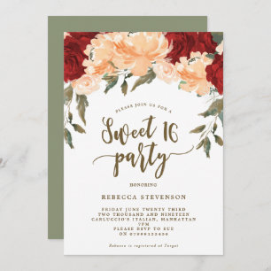 peach red floral sweet 16 party invitation