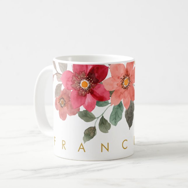 Peach Red Floral Watercolor Add Your Name Coffee Mug (Front Left)
