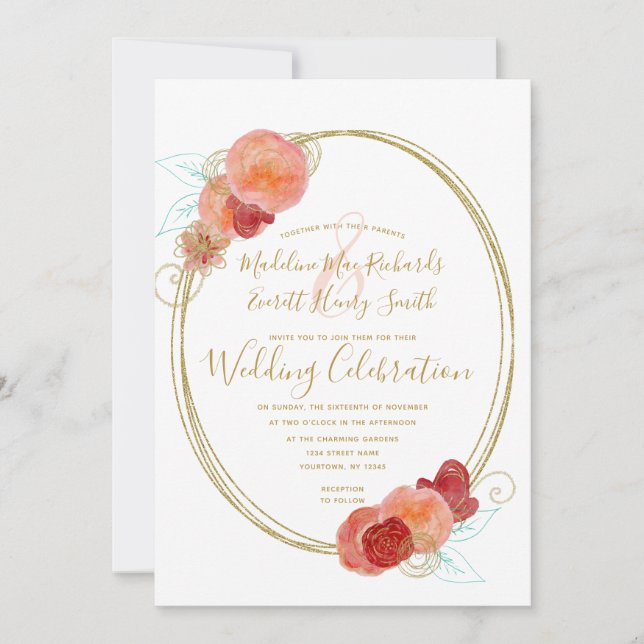 Peach Red Gold Floral Wreath Wedding Invitation (Front)