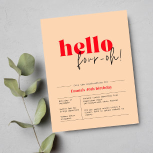 Peach & Red minimalist "hello, four-oh!" 40th bday Postcard