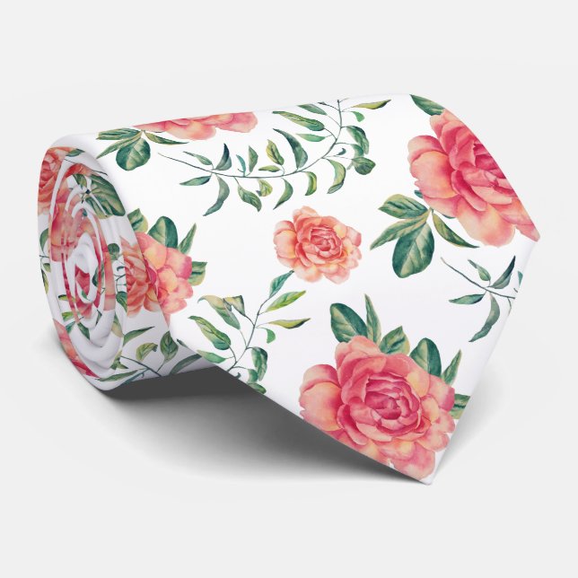Peach & Red Roses Pattern Watercolors Tie (Rolled)