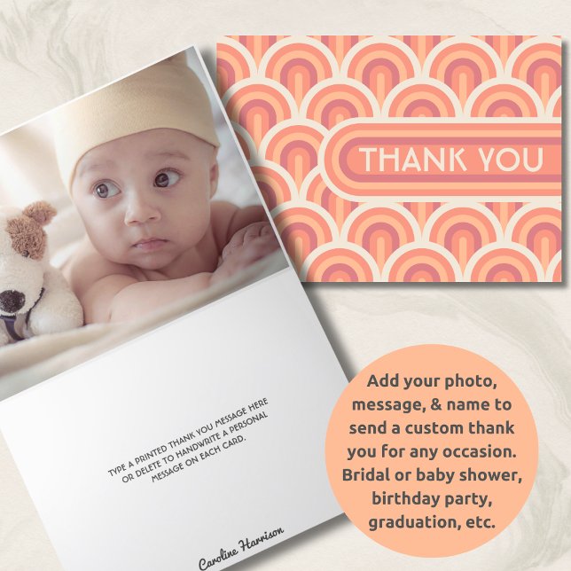 Peach Retro Art Deco Custom Photo Baby Shower Thank You Card (Creator Uploaded)