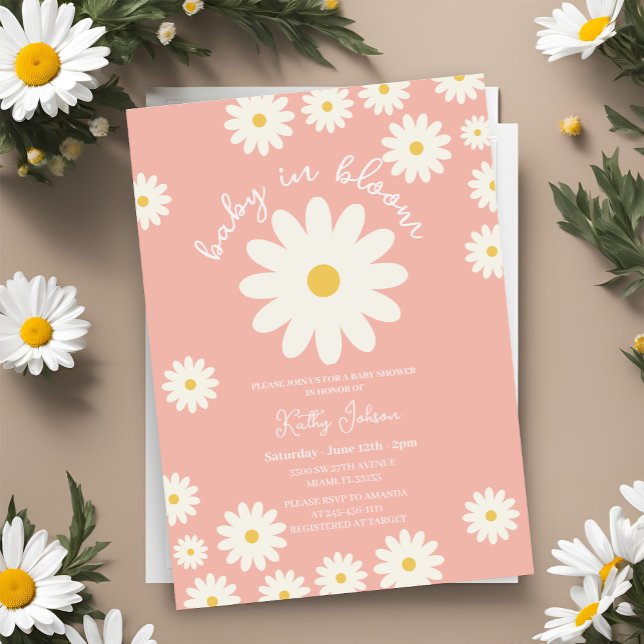 Peach Retro Groovy Daisy Baby in Bloom Shower  Invitation (Creator Uploaded)