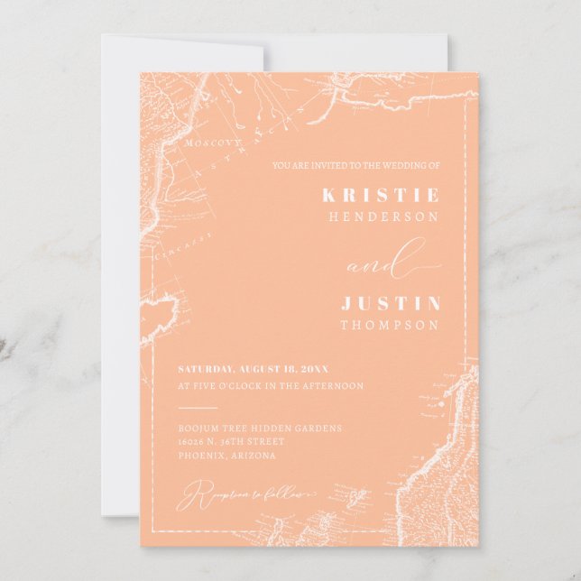 Peach Retro Travel QR Code Photo Wedding Invitation (Front)