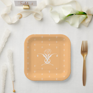 Peach Retro White Flourish Rose Paper Plate