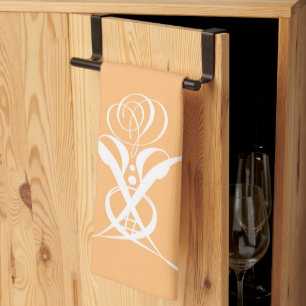 Peach Retro White Flourish Rose Tea Towel