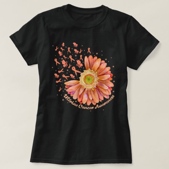 Peach Ribbon Hummingbird Sunflower Uterine Cancer  T-Shirt (Design Front)