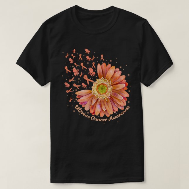 Peach Ribbon Hummingbird Sunflower Uterine Cancer  T-Shirt (Design Front)
