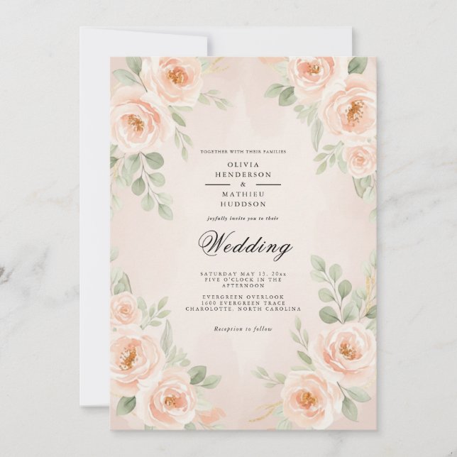 Peach Romantic Floral Wedding Invitation (Front)
