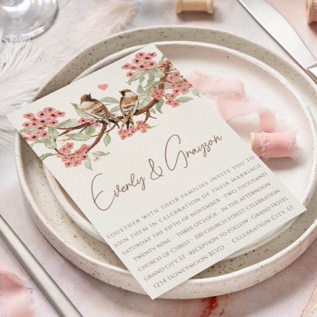 Peach Romantic Vintage Love Birds Wedding Invitation (Creator Uploaded)