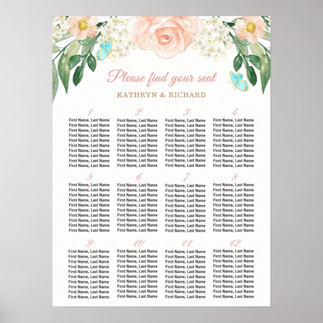 Peach Rose 12 Tables Wedding Seating Chart (Front)