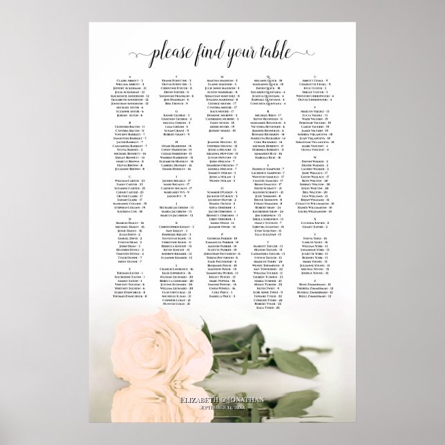 Peach Rose Alphabetical Wedding Seating Chart (Front)