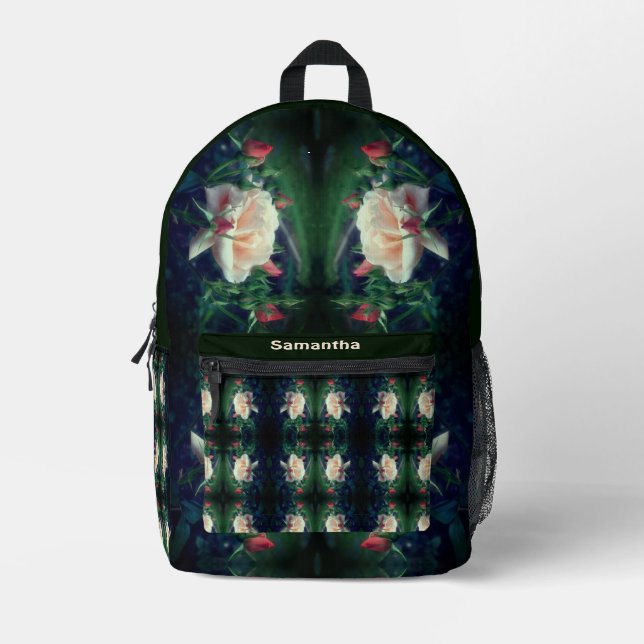 Peach Rose And Buds Abstract Personalised Printed Backpack (Front)