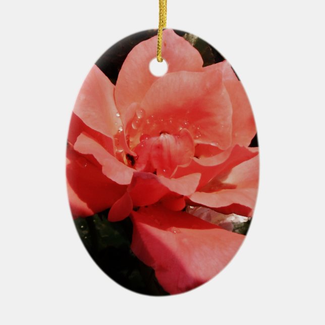 peach rose and dewdrops ceramic tree decoration (Front)