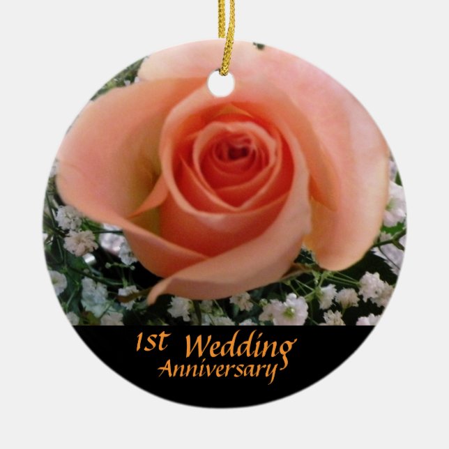Peach Rose Anniversary Keepsake Ceramic Ornament (Front)