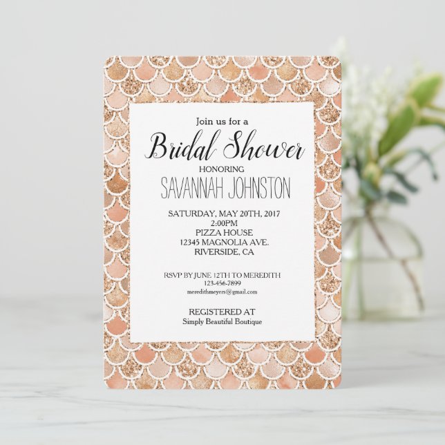Peach Rose Blush Gold Glitter Bridal Shower Invitation (Standing Front)