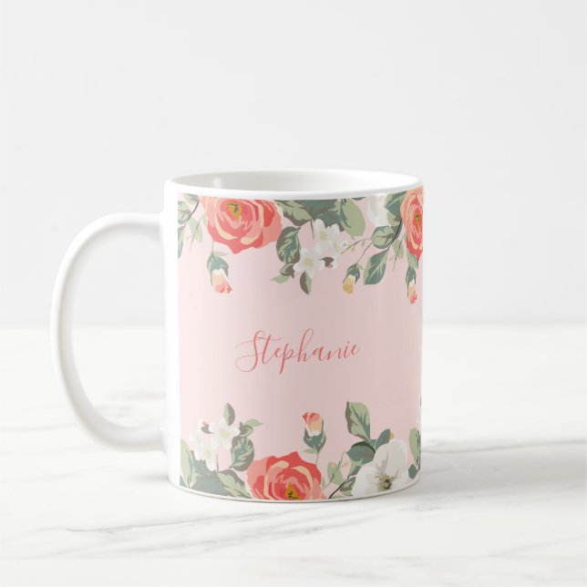 Peach Rose Blush Pink Floral Personalised Coffee Mug (Left)