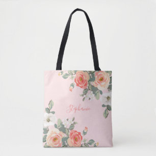 Peach Rose Blush Pink Floral Personalised Tote Bag