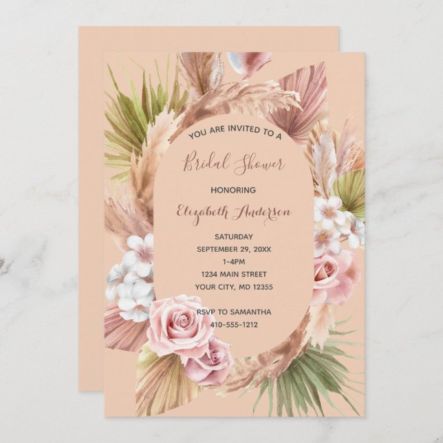 Peach Rose Boho Floral Trendy Bridal Shower Invitation (Front/Back)