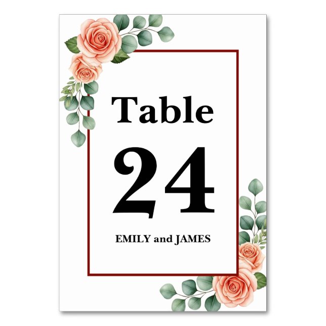 Peach Rose Burgundy Wedding Table Number (Front)
