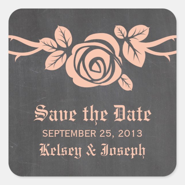 Peach Rose Chalkboard Save the Date Stickers (Front)