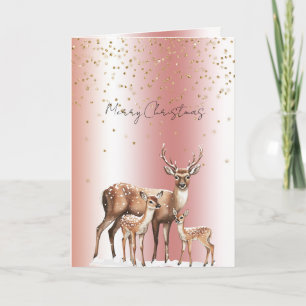 Peach Rose Deer Gold Glitter Christmas Card