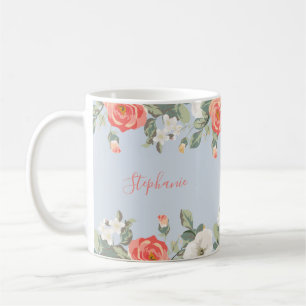 Peach Rose Dusty Blue Floral Personalised Coffee Mug