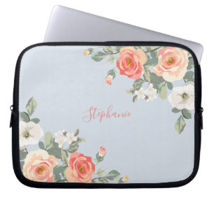 Peach Rose Dusty Blue Floral Personalised Laptop Sleeve