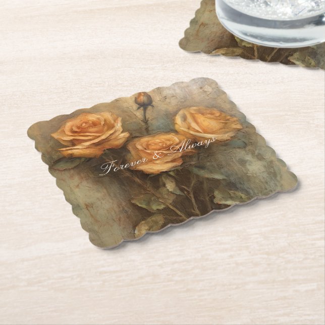 Peach Rose Floral Bridal Shower Wedding Paper Coaster (Angled)