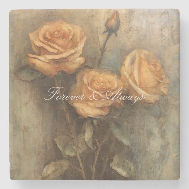 Peach Rose Floral Bridal Shower Wedding Stone Coaster (Front)