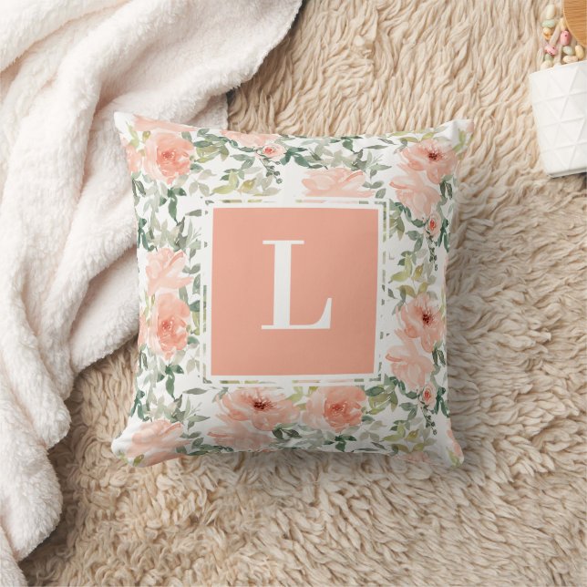Peach Rose Floral Monogram Cushion (Blanket)