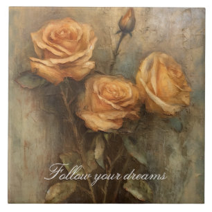 Peach Rose Floral Romantic Ceramic Tile