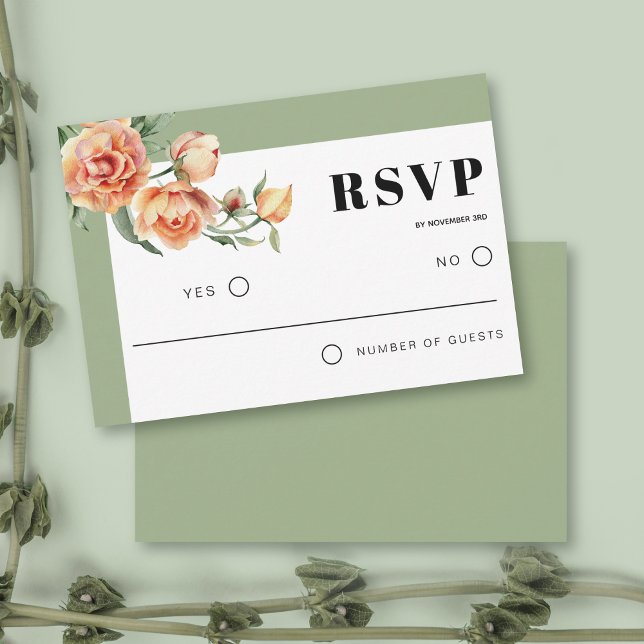 Peach rose flowers sage green floral wedding RSVP card (Creator Uploaded)
