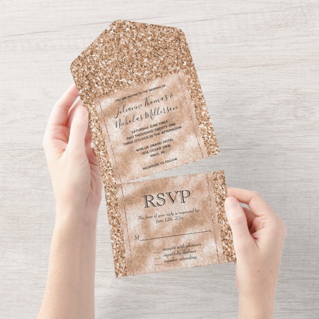 Peach Rose Gold Blush Glitter Glitz All In One Invitation (Tearaway)