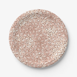 Peach Rose Gold Blush Pink Glitz Leopard Print     Paper Plate