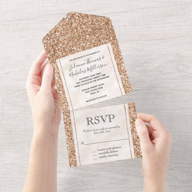 Peach Rose Gold Blush White Glitter Glitz   All In One Invitation (Tearaway)
