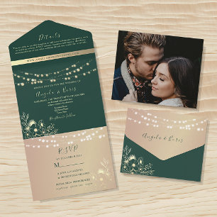 Peach Rose Gold Emerald Green Wedding All In One Invitation